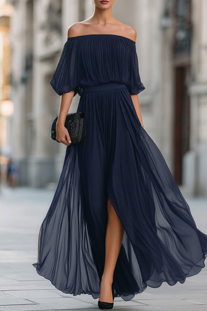 Margot maxi dress, off-shoulder bardot neckline detail
