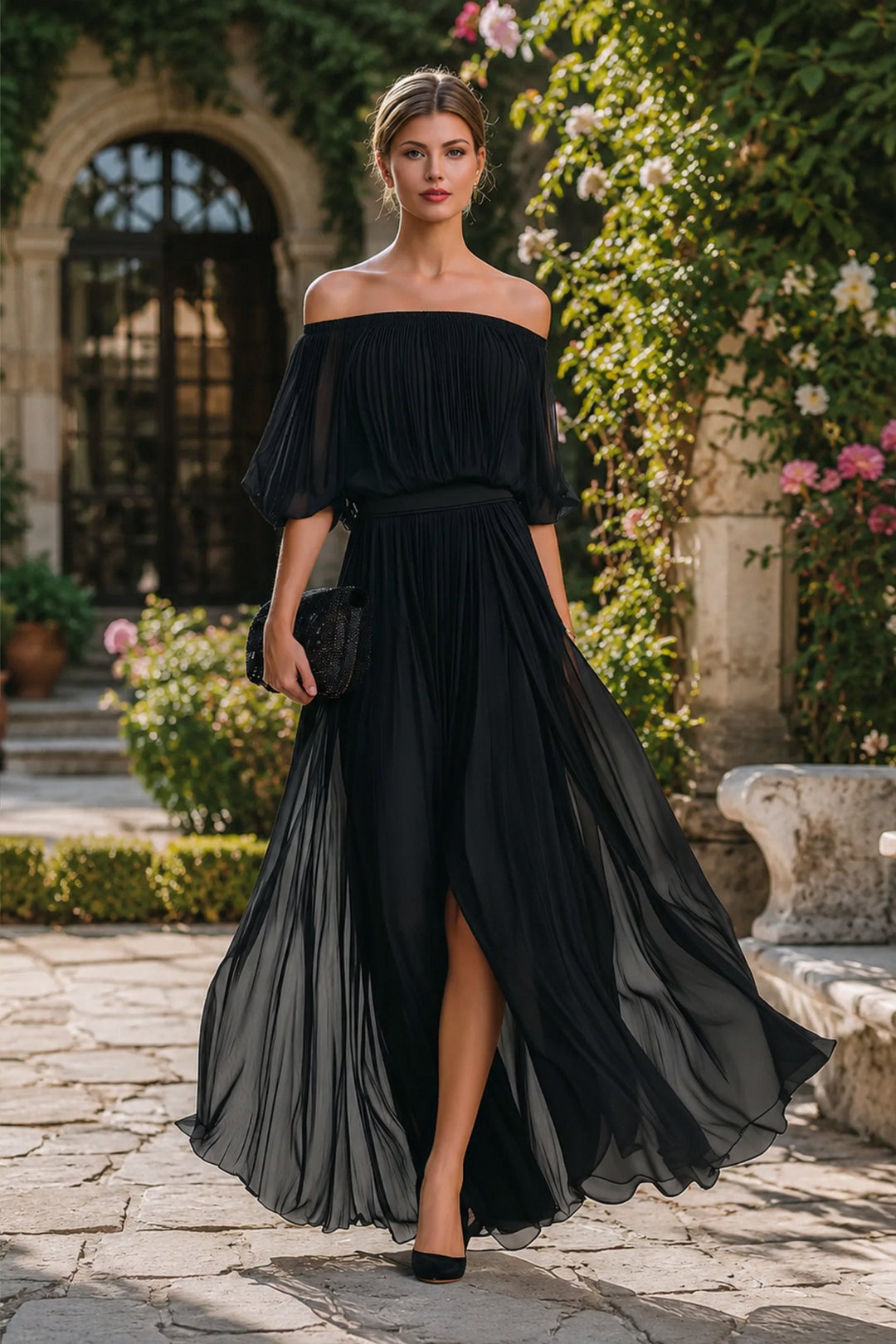Margot maxi dress styled with heels for an evening event