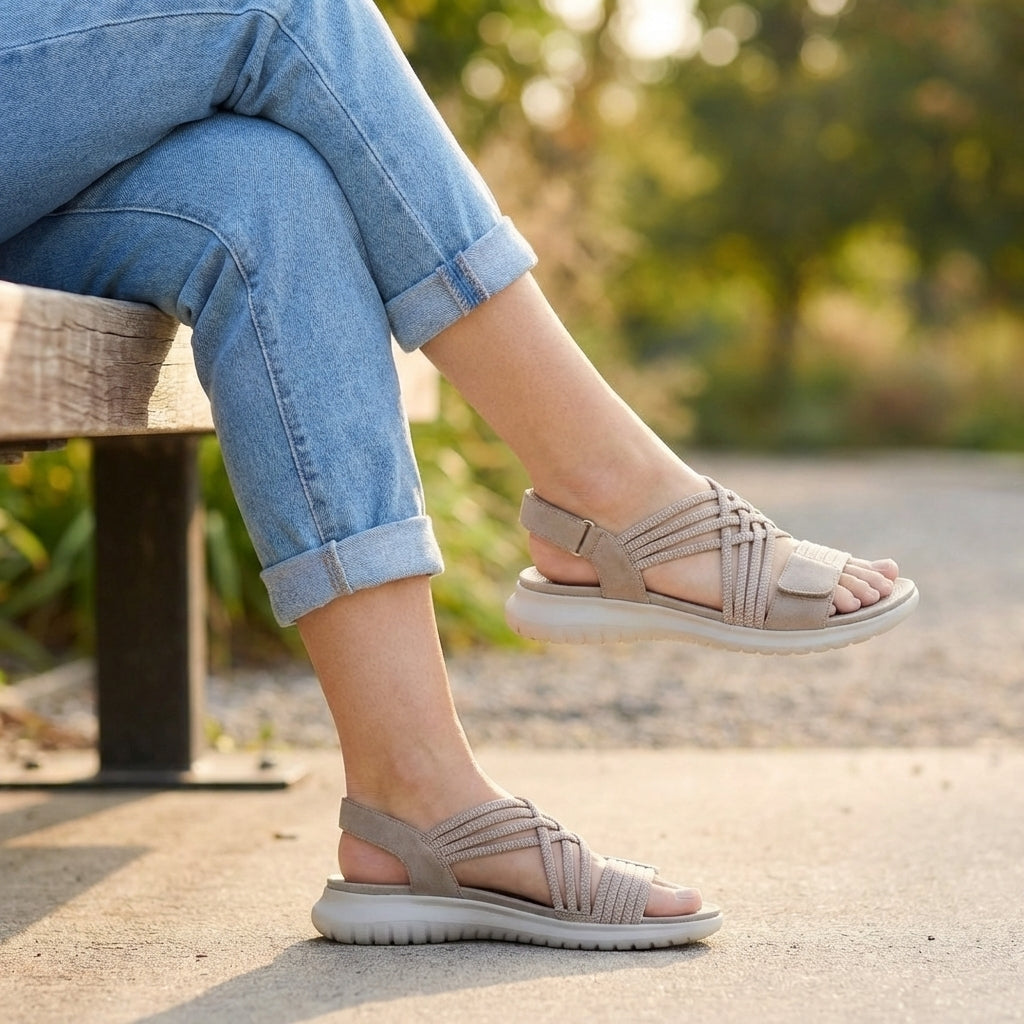 Nadine criss-cross flat sandals, lifestyle view