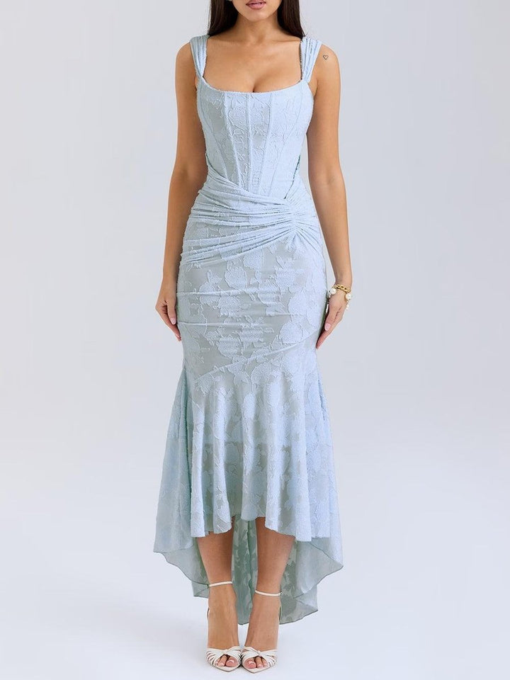 Sophia | Sleeveless Square-Neck Jacquard Lace Mermaid Dress in product view 1