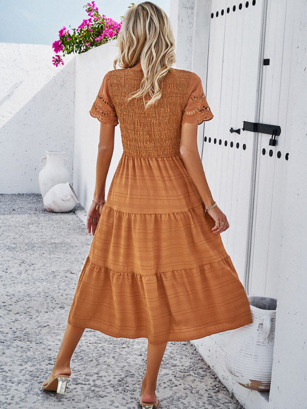 Alia | Smocked Bodice Midi Dress with Hollow-Out Lace Sleeves in product view 3
