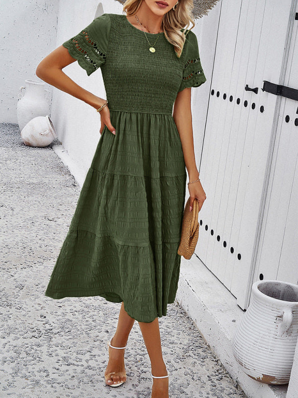 Alia | Smocked Bodice Midi Dress with Hollow-Out Lace Sleeves in product view 7