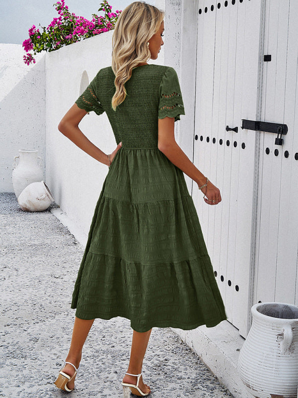 Alia | Smocked Bodice Midi Dress with Hollow-Out Lace Sleeves in product view 8