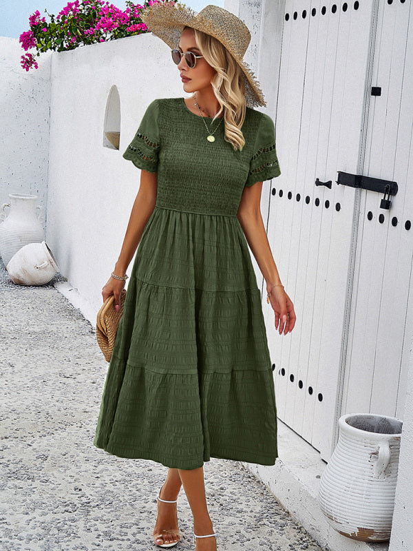 Alia | Smocked Bodice Midi Dress with Hollow-Out Lace Sleeves in product view 9