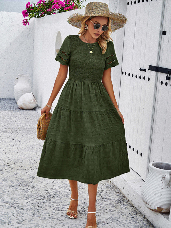 Alia | Smocked Bodice Midi Dress with Hollow-Out Lace Sleeves in product view 10