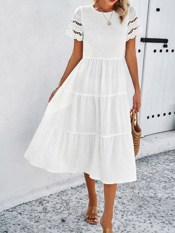 Alia | Smocked Bodice Midi Dress with Hollow-Out Lace Sleeves in product view 11