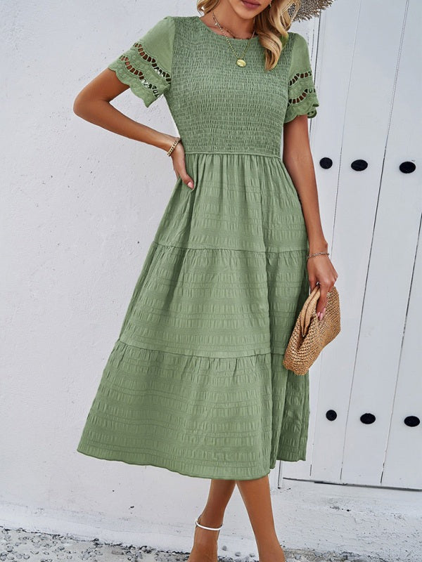 Alia | Smocked Bodice Midi Dress with Hollow-Out Lace Sleeves in product view 12