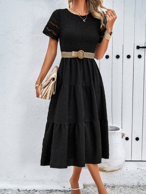 Alia | Smocked Bodice Midi Dress with Hollow-Out Lace Sleeves in product view 13