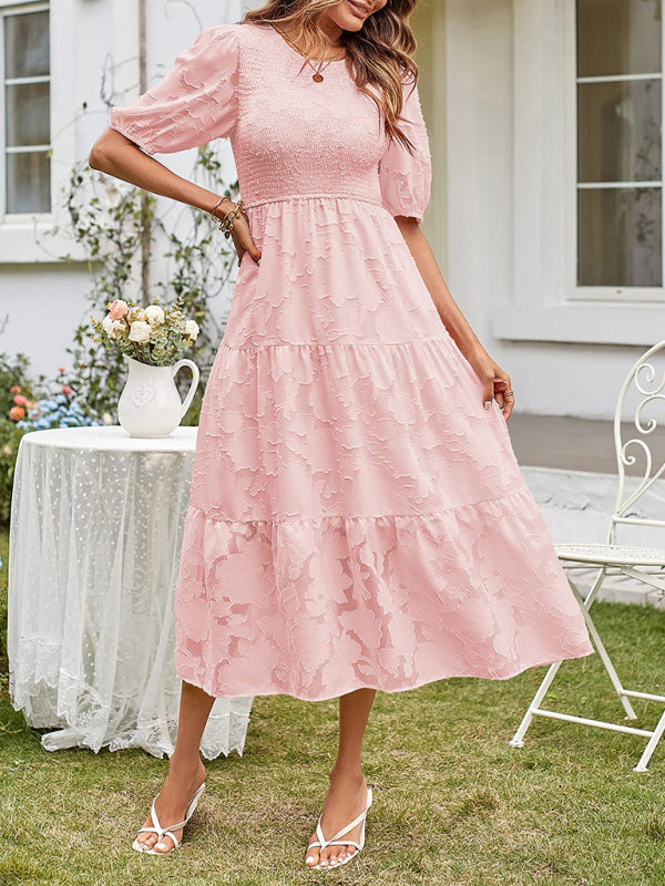 Elly | Smocked Bodice Midi Dress with Puff Sleeves and Tiered Skirt in product view 2