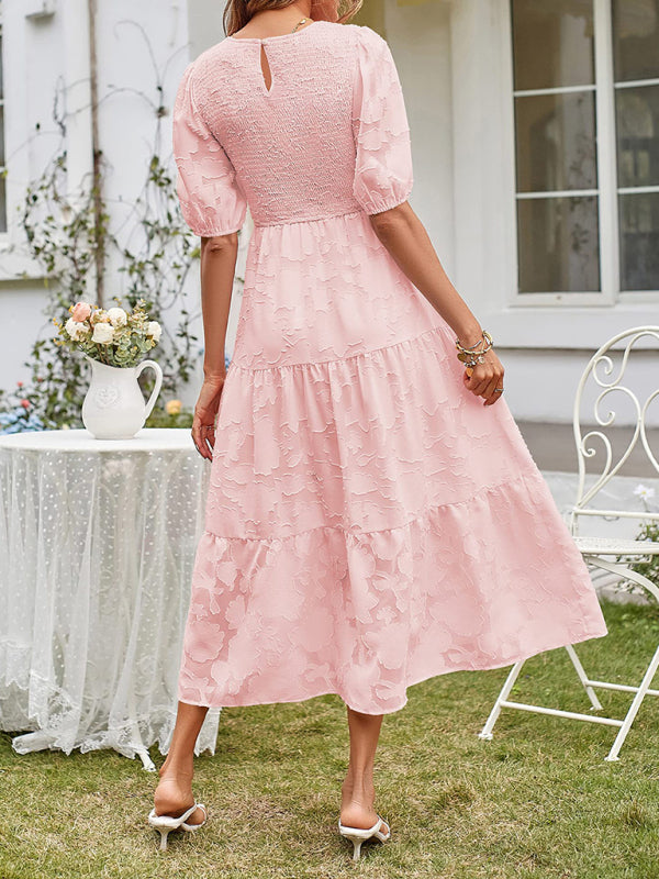 Elly | Smocked Bodice Midi Dress with Puff Sleeves and Tiered Skirt in product view 3