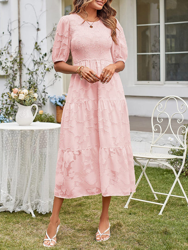 Elly | Smocked Bodice Midi Dress with Puff Sleeves and Tiered Skirt in product view 4