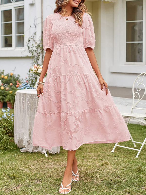 Elly | Smocked Bodice Midi Dress with Puff Sleeves and Tiered Skirt in product view 5