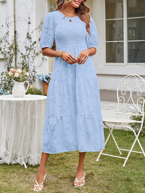 Elly | Smocked Bodice Midi Dress with Puff Sleeves and Tiered Skirt in product view 6