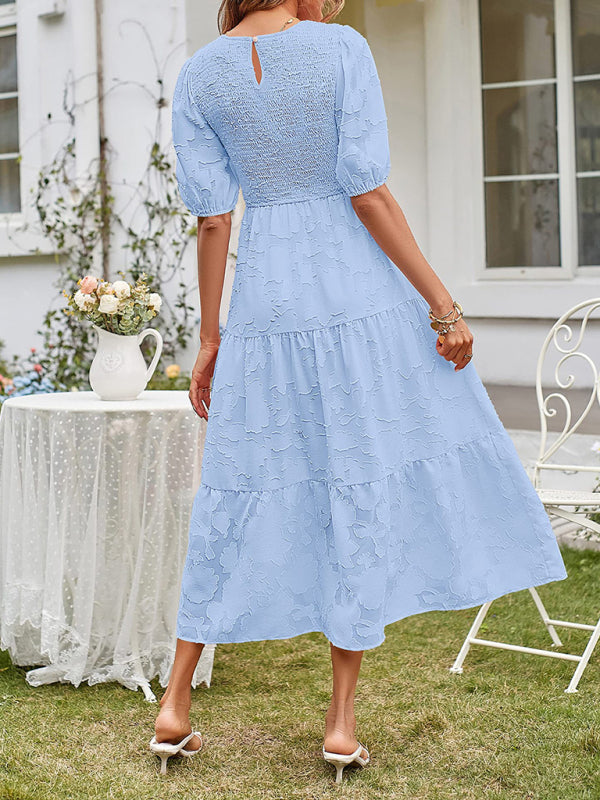 Elly | Smocked Bodice Midi Dress with Puff Sleeves and Tiered Skirt in product view 7