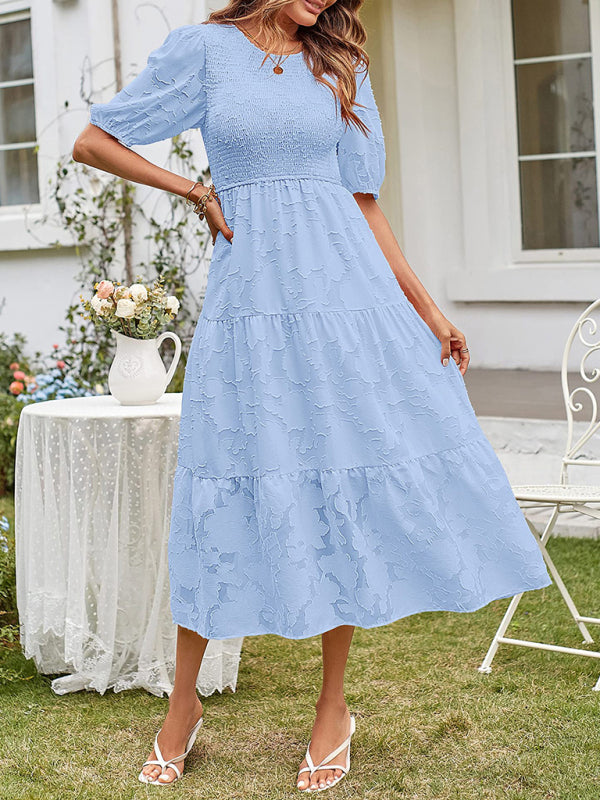 Elly | Smocked Bodice Midi Dress with Puff Sleeves and Tiered Skirt in product view 8