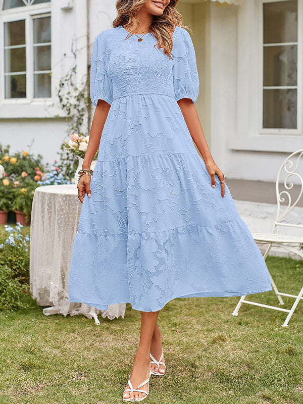 Elly | Smocked Bodice Midi Dress with Puff Sleeves and Tiered Skirt in product view 9
