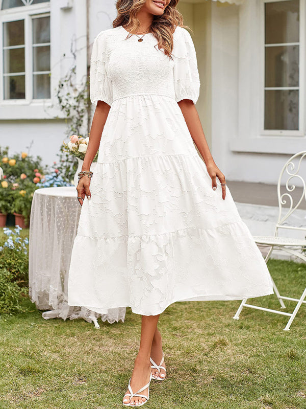 Elly | Smocked Bodice Midi Dress with Puff Sleeves and Tiered Skirt in product view 10
