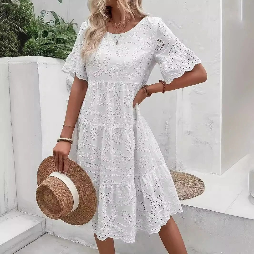 Elly | Smocked Bodice Midi Dress with Puff Sleeves and Tiered Skirt in product view 11