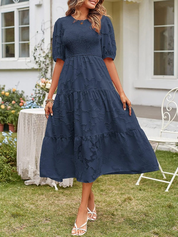 Elly | Smocked Bodice Midi Dress with Puff Sleeves and Tiered Skirt in product view 12