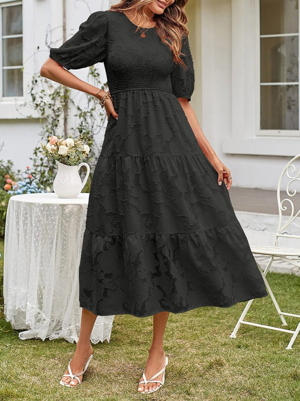 Elly | Smocked Bodice Midi Dress with Puff Sleeves and Tiered Skirt in product view 13