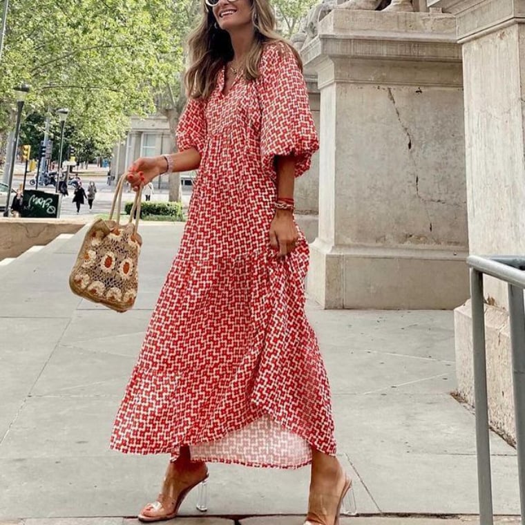 Margot | V-Neck Puff Sleeve Boho Floral Maxi Dress in product view 1