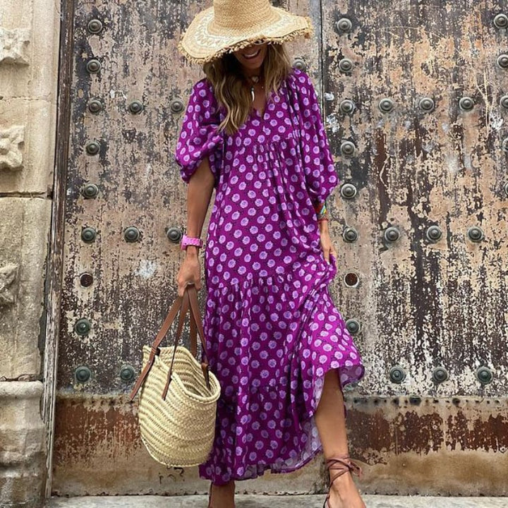 Margot | V-Neck Puff Sleeve Boho Floral Maxi Dress in product view 2