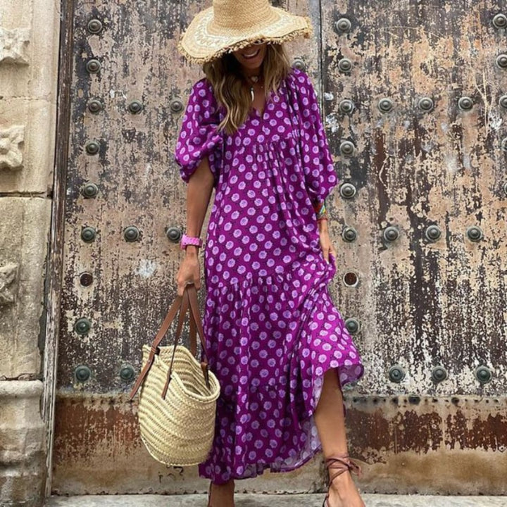 Margot | V-Neck Puff Sleeve Boho Floral Maxi Dress in product view 12